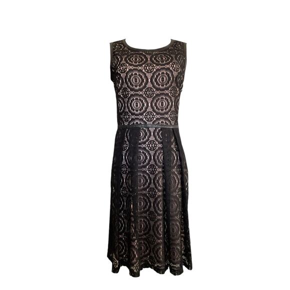 Enfocus Studio Black Lace Size 8 Nude Lined Dress A Line Faux Leather Trim - Picture 1 of 11